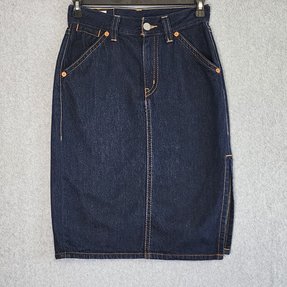 Levi's Premium Denim Skirt Women 27 Blue Dark Wash Side Slit Midi Casual Classic